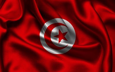 drapeau de la tunisie, 4k, les pays africains, les drapeaux de satin, le drapeau de la tunisie, le jour de la tunisie, les drapeaux de satin ondulés, le drapeau tunisien, les symboles nationaux tunisiens, l afrique, la tunisie