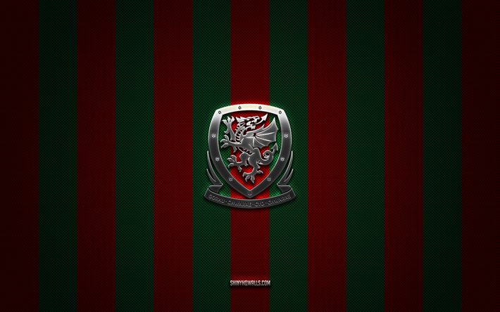 logotipo del equipo nacional de fútbol de gales, uefa, europa, fondo de carbono verde rojo, emblema del equipo nacional de fútbol de gales, fútbol, equipo nacional de fútbol de gales, gales
