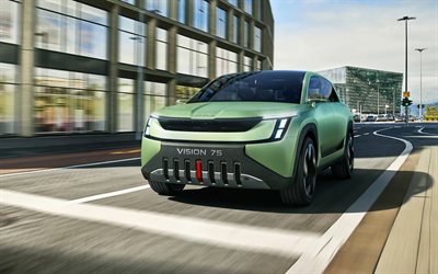 skoda vision 7s, 4k, calle, 2022 coches, crossovers, faros, 2022 skoda vision 7s, checa coches skoda
