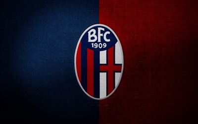 ボローニャfcのバッジ, 4k, 青赤布の背景, セリエa, ボローニャfcのロゴ, ボローニャfcのエンブレム, スポーツのロゴ, イタリアのサッカー クラブ, ボローニャfc, サッカー, フットボール, ボローニャ fc 1909