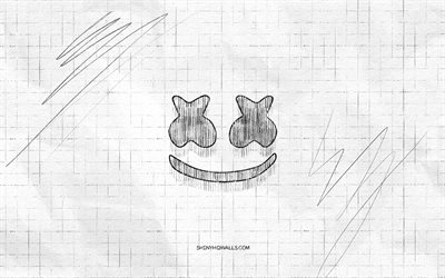 Marshmello sketch logo, 4K, Christopher Comstock, checkered paper background, american DJs, Marshmello black logo, music stars, logo sketches, Marshmello logo, Marshmello DJ, pencil drawing, Marshmello