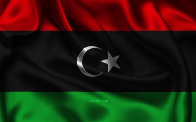 drapeau de la libye, 4k, les pays africains, les drapeaux de satin, le drapeau de la libye, le jour de la libye, les drapeaux de satin ondulés, le drapeau libyen, les symboles nationaux libyens, l afrique, la libye