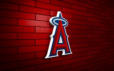 logotipo 3d de los angeles angels, 4k, pared de ladrillo rojo, mlb, béisbol, logotipo de los angeles angels, equipo de béisbol americano, logotipo deportivo, los angeles angels, la angels