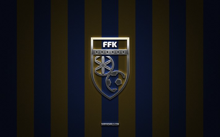 logo der kosovarischen fußballnationalmannschaft, uefa, europa, blaugoldener kohlenstoffhintergrund, emblem der kosovarischen fußballnationalmannschaft, fußball, kosovarische fußballnationalmannschaft, kosovo