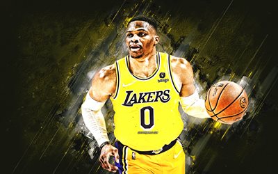 Russell Westbrook, Los Angeles Lakers, NBA, American basketball player, National Basketball Association, yellow stone background, basketball, USA