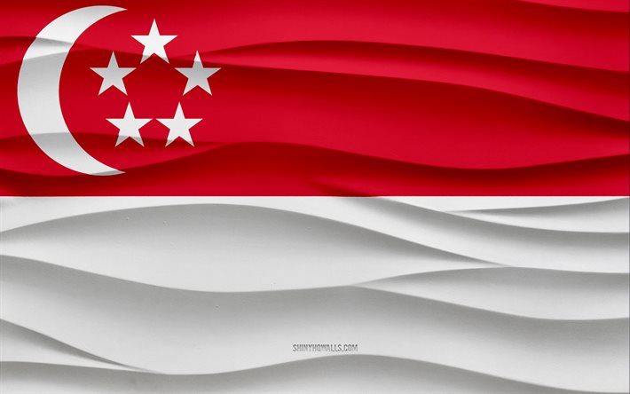 4k, bandeira de singapura, 3d ondas de gesso de fundo, 3d textura de ondas, singapura símbolos nacionais, dia de singapura, países asiáticos, 3d bandeira de singapura, singapura, ásia
