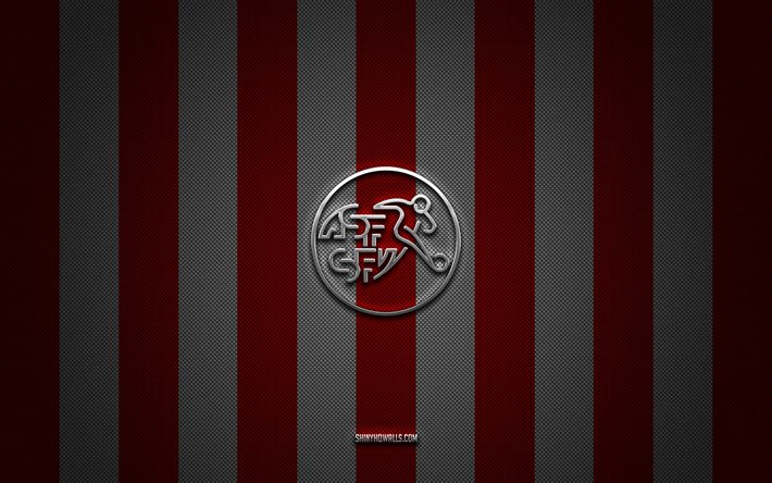 logo der schweizer fußballnationalmannschaft, uefa, europa, rot-weißer karbonhintergrund, emblem der schweizer fußballnationalmannschaft, fußball, schweizer fußballnationalmannschaft, schweiz