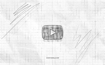 youtube スケッチ ロゴ, 4k, 市松模様の紙の背景, youtubeの黒いロゴ, ソーシャルネットワーク, ロゴスケッチ, ユーチューブのロゴ, 鉛筆画, ユーチューブ