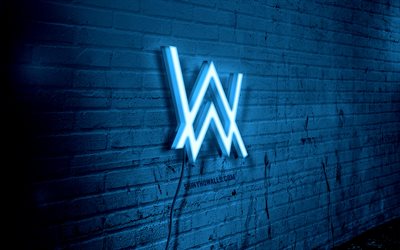 앨런 워커 네온 로고, 4k, 파란색 벽돌 벽, 앨런 올라프 워커, 그런지 아트, 창의적인, 영어 dj, 와이어에 로고, 앨런 워커 블루 로고, 앨런 워커 로고, 삽화, 앨런 워커