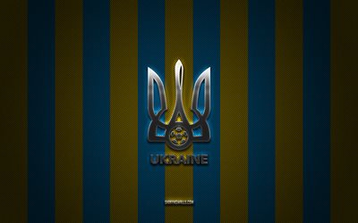 logo della squadra nazionale di calcio dell ucraina, uefa, europa, sfondo di carbonio blu-giallo, emblema della squadra nazionale di calcio dell ucraina, calcio, squadra nazionale di calcio dell ucraina, ucraina