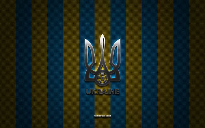 Ukraine national football team logo, UEFA, Europe, blue-yellow carbon background, Ukraine national football team emblem, football, Ukraine national football team, Ukraine