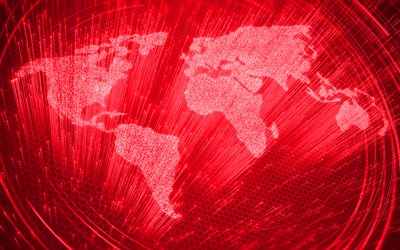 mappa del mondo rossa, 4k, silhouette della mappa del mondo al neon rosso, mondo digitale, concetti di comunicazione, concetti della mappa del mondo, luce al neon rossa, linee di luce rossa, mappa del mondo