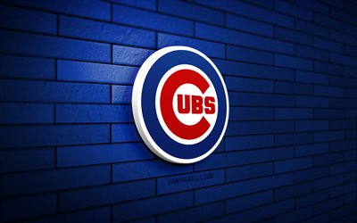 시카고 컵스 3d 로고, 4k, 파란색 벽돌 벽, 메이저리그, 야구, 시카고 컵스 로고, 미국 야구팀, 스포츠 로고, 시카고 컵스