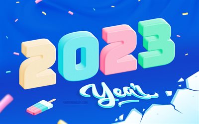 4k, 2023 Happy New Year, 3d art, 2023 3d background, 3d letters, 2023 greeting card, 2023 Year, 2023 concepts, Happy New Year 2023, blue background
