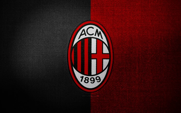 ac ミランのバッジ, 4k, 赤黒の布の背景, セリエa, ac ミランのロゴ, ac ミランのエンブレム, スポーツのロゴ, acミランの旗, イタリアのサッカー クラブ, acミラン, サッカー, フットボール, ミランfc