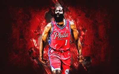 James Harden, Philadelphia 76ers, american basketball player, NBA, red background, basketball, National Basketball Association, James Edward Harden Jr, USA