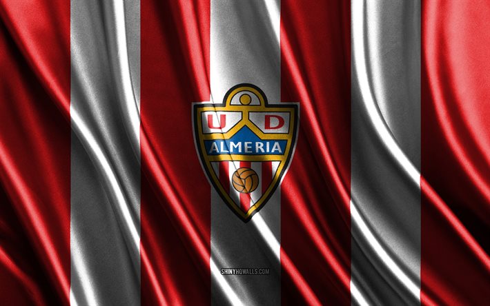 logo ud almeria, la liga, trama di seta bianca rossa, squadra di calcio spagnola, ud almeria, calcio, bandiera di seta, emblema ud almeria, spagna, badge ud almeria