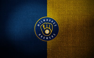 insignia de los cerveceros de milwaukee, 4k, fondo de tela amarilla azul, mlb, logotipo de los cerveceros de milwaukee, béisbol, logotipo deportivo, bandera de los cerveceros de milwaukee, equipo de béisbol americano, cerveceros de milwaukee