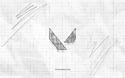 Valorant sketch logo, 4K, checkered paper background, Valorant black logo, games brands, logo sketches, Valorant logo, pencil drawing, Valorant