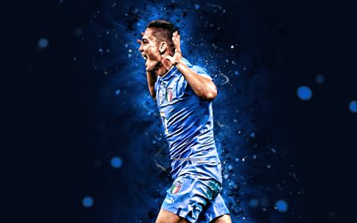 Giacomo Raspadori, 4k, blue neon lights, Italy National Football Team, soccer, footballers, blue abstract background, Italian football team, Giacomo Raspadori 4K