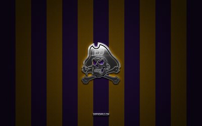 East Carolina Pirates logo, American football team, NCAA, purple yellow carbon background, East Carolina Pirates emblem, football, East Carolina Pirates, USA, East Carolina Pirates silver metal logo