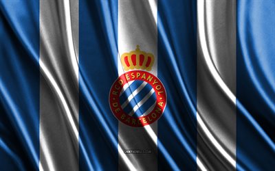 logo do rcd espanyol, la liga, textura de seda branca azul, time de futebol espanhol, rcd espanhol, futebol, bandeira de seda, emblema do rcd espanyol, espanha