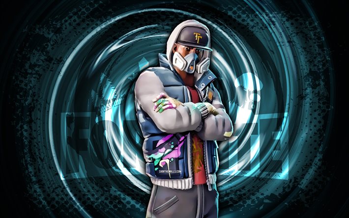 4k, tagueur, fortnite, mavi grunge sarmal arka plan, tagueur skin, tagueur fortnite karakteri, tagueur fortnite, fortnite karakterleri, grunge art