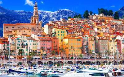 Menton, colorful buildings, french cities, cityscapes, summer, France, Europe, Menton France, Menton panorama, Menton cityscape
