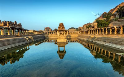 Pushkarni Lake, 4k, indian landmarks, Pushkarni Krishna Temple, Hindu sacred lake, temples, Hampi, Karnataka, India, Asia