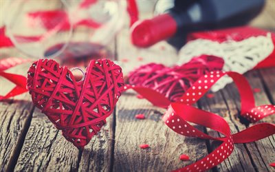 corazón rojo hecho de hilos, fondo de corazón rojo, día de san valentín, 14 de febrero, romance, fondo de amor, cintas de seda roja, corazón rojo