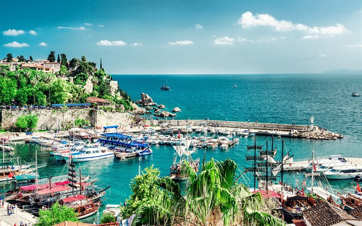 4k, Antalya, summer, resort Turkish city, Mediterranean Sea, bay, white yachts, Antalya cityscape, seascape, Turkey