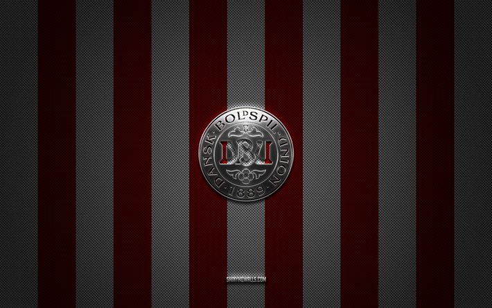 logo der dänischen fußballnationalmannschaft, uefa, europa, rot-weißer karbonhintergrund, emblem der dänischen fußballnationalmannschaft, fußball, dänische fußballnationalmannschaft, dänemark
