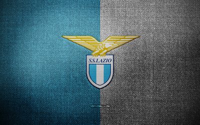 ss ラツィオのバッジ, 4k, 青白い布の背景, セリエa, ss ラツィオのロゴ, ss ラツィオのエンブレム, スポーツのロゴ, イタリアのサッカー クラブ, ss ラツィオ, サッカー, フットボール, ラツィオfc