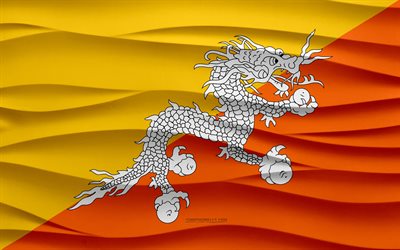 4k, drapeau du bhoutan, 3d vagues fond de plâtre, bhoutan drapeau, 3d vagues texture, bhoutan symboles nationaux, jour du bhoutan, pays asiatiques, 3d bhoutan drapeau, bhoutan, asie