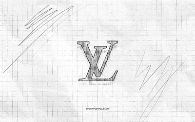 ルイ・ヴィトンのスケッチのロゴ, 4k, 市松模様の紙の背景, ルイ・ヴィトンの黒いロゴ, スポーツブランド, ロゴスケッチ, ルイ・ヴィトンのロゴ, 鉛筆画, ルイヴィトン