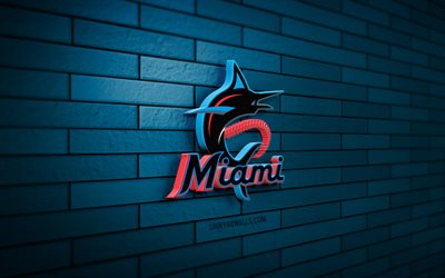 شعار miami marlins 3d, 4k, الطوب الأزرق, mlb, البيسبول, شعار ميامي مارلينز, فريق البيسبول الأمريكي, شعار رياضي, ميامي مارلينز