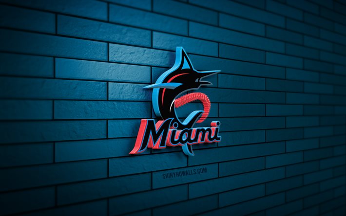 logotipo 3d de los miami marlins, 4k, pared de ladrillo azul, mlb, béisbol, logotipo de los miami marlins, equipo de béisbol americano, logotipo deportivo, miami marlins