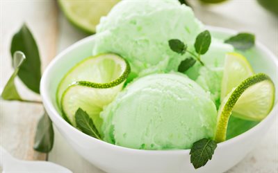 lime ice cream, 4k, sweets, green ice cream, ice cream plate, lime, lemon lime, ice cream