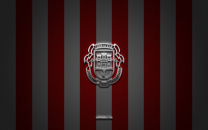 logo der fußballnationalmannschaft von gibraltar, uefa, europa, rot-weißer kohlenstoffhintergrund, emblem der fußballnationalmannschaft von gibraltar, fußball, fußballnationalmannschaft von gibraltar, gibraltar