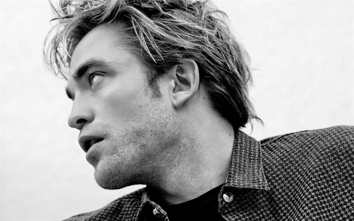 4k, Robert Pattinson, portrait, British actor, photoshoot, monochrome, British star, Robert Douglas Thomas Pattinson