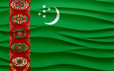 4k, drapeau du turkménistan, 3d vagues plâtre fond, turkménistan drapeau, 3d vagues texture, turkménistan symboles nationaux, jour du turkménistan, les pays asiatiques, 3d turkménistan drapeau, turkménistan, asie