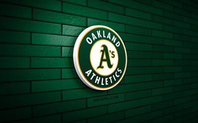 oakland athletics logotipo 3d, 4k, verde brickwall, mlb, beisebol, oakland athletics logotipo, time de beisebol americano, logotipo esportivo, oakland athletics