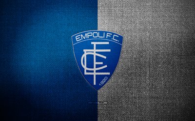 エンポリ fc バッジ, 4k, 赤黒の布の背景, セリエa, エンポリfcのロゴ, エンポリ fc のエンブレム, スポーツのロゴ, エンポリfcの旗, イタリアのサッカー クラブ, fcエンポリ, サッカー, フットボール, エンポリfc