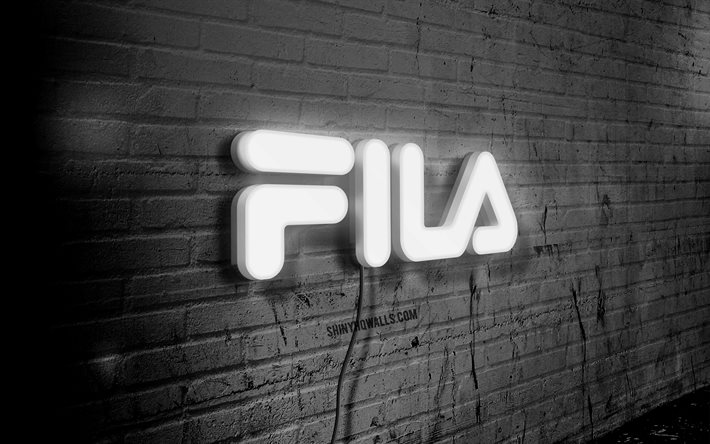 fila-neon-logo, 4k, schwarze ziegelwand, grunge-kunst, kreativ, modemarken, logo auf draht, fila-weiß-logo, fila-logo, kunstwerk, fila