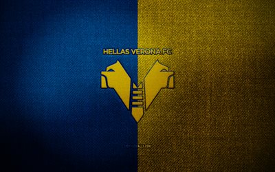 エラス ヴェローナのバッジ, 4k, 青黄色の布の背景, セリエa, ヘラス ヴェローナのロゴ, エラス ヴェローナのエンブレム, スポーツのロゴ, エラス ヴェローナの旗, イタリアのサッカー クラブ, エラス ヴェローナ, サッカー, フットボール, エラス・ヴェローナfc