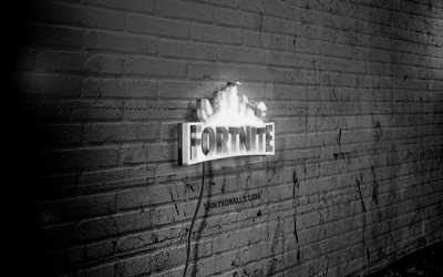fortnite néon logo, 4k, mur de briques noir, art grunge, créatif, marques de jeux, logo sur le fil, logo blanc fortnite, logo fortnite, illustration, fortnite