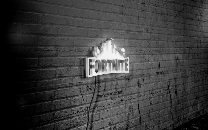 fortnite néon logo, 4k, mur de briques noir, art grunge, créatif, marques de jeux, logo sur le fil, logo blanc fortnite, logo fortnite, illustration, fortnite