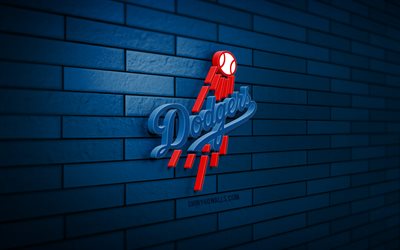 los angeles dodgers 3d-logo, 4k, blaue ziegelwand, mlb, baseball, los angeles dodgers-logo, amerikanisches baseballteam, sportlogo, los angeles dodgers, la dodgers