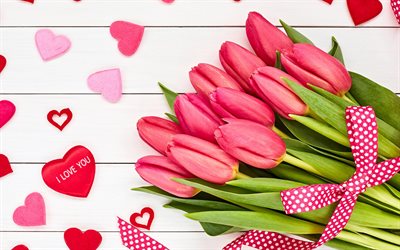 te amo, 4k, tulipanes de color rosa, ramo de tulipanes, conceptos de amor, flores de primavera, flores de color rosa, tulipanes, corazones de color rosa