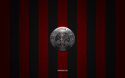 logotipo de fatih karagumruk, clubes de fútbol turcos, super lig, fondo de carbono negro rojo, emblema de fatih karagumruk, fútbol, logotipo de metal plateado de fatih karagumruk, fatih karagumruk fc